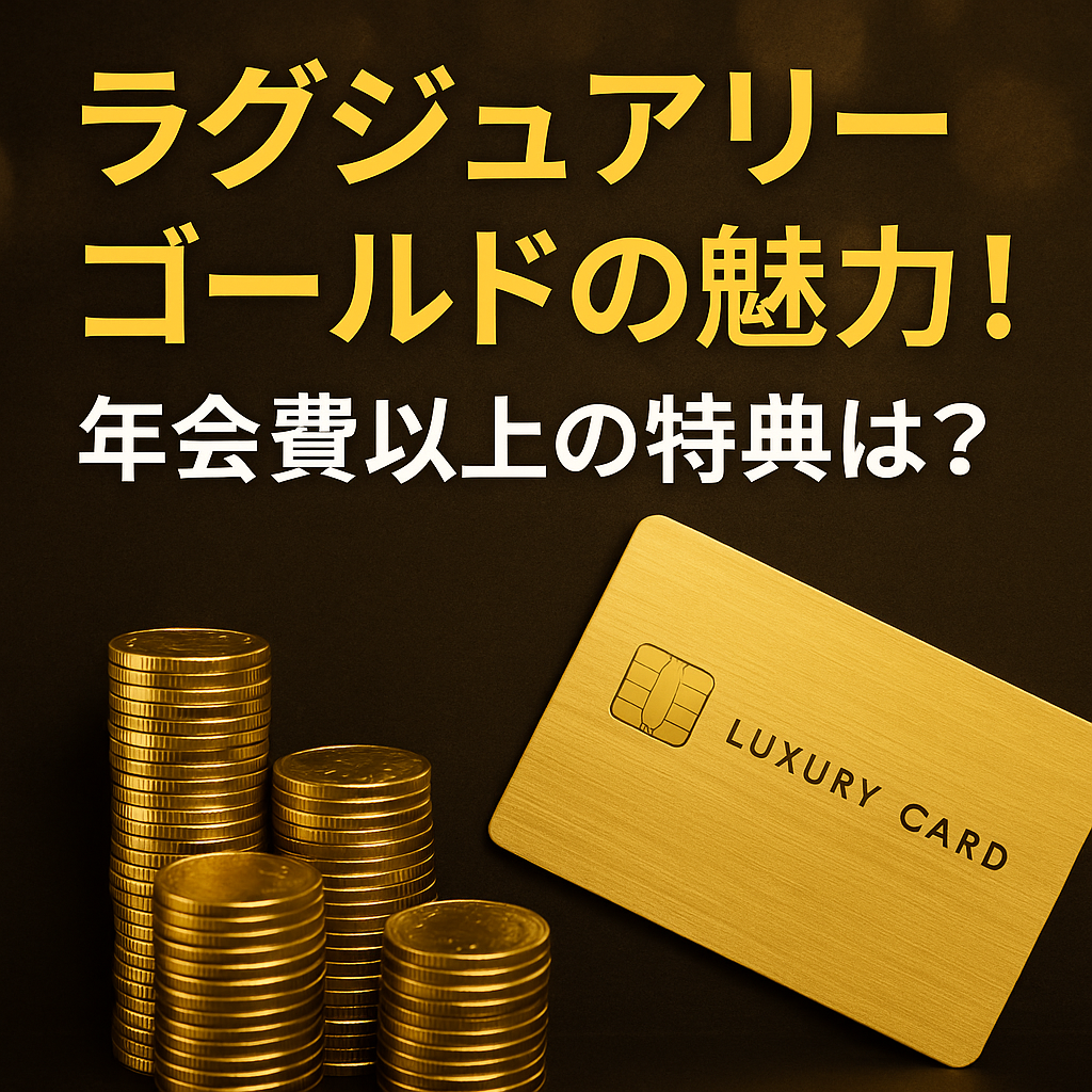金色のクレジットカードと積み上がった金貨が並ぶ背景に、『ラグジュアリーゴールドの魅力！年会費以上の特典は？